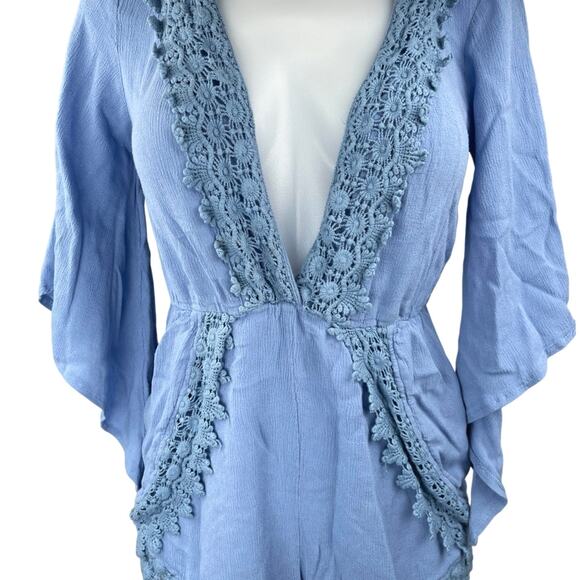 Kiss The Sky Blue Plunge V-Neck 3/4 Bell Sleeve Lace Crochet Jumpsuit Romper M - Picture 3 of 5